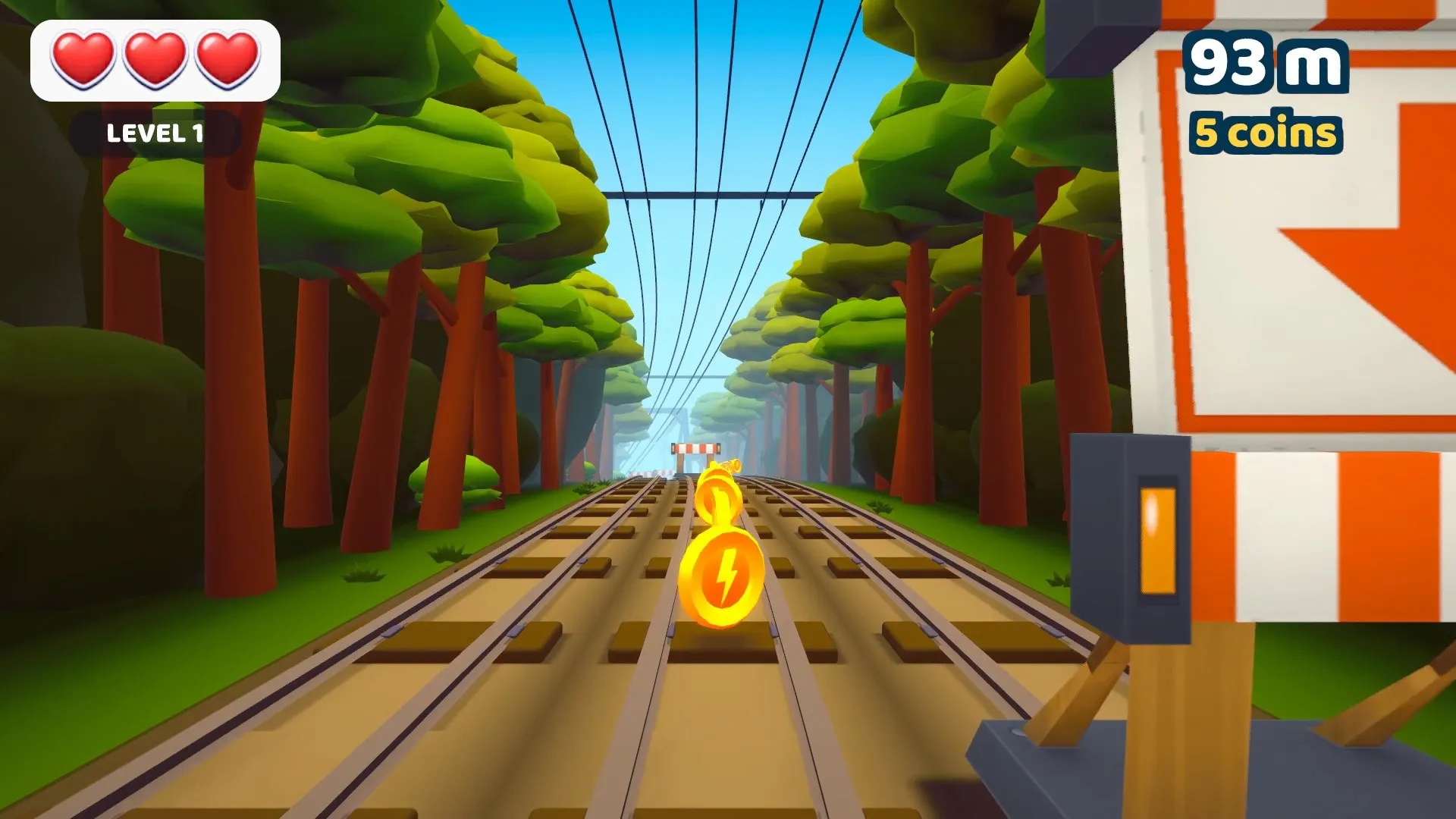 Coins lined up between the rails ahead of the runner